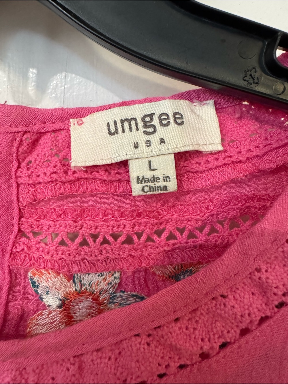 Umgee Pink Floral Embroidered Boho Blouse Large Crochet Lace Short Sleeve - Picture 4 of 5